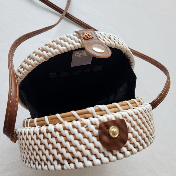 ASOS Round White Brown Woven Canteen Crossbody Bag Boho Beach Tropical Festival - Picture 7 of 13